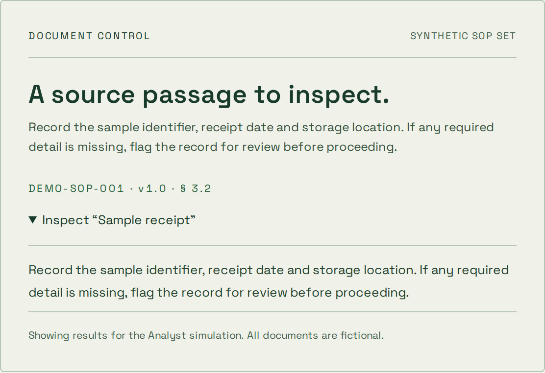 Actual synthetic SOP source passage and document citation from the document assistant demo