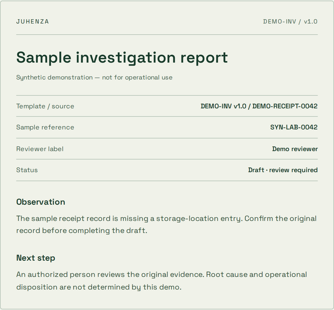 Actual sample report preview with source references, synthetic observation and review status